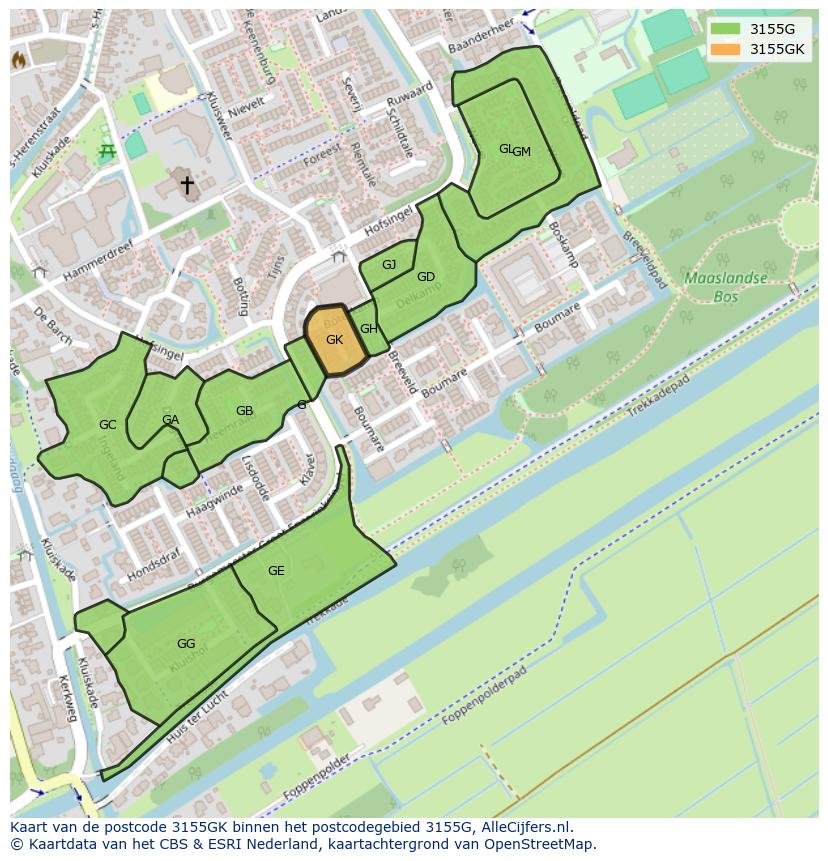 Afbeelding van het postcodegebied 3155 GK op de kaart.