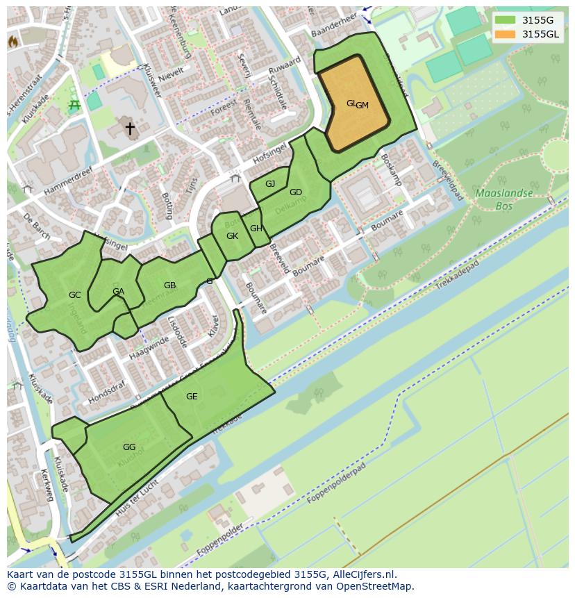 Afbeelding van het postcodegebied 3155 GL op de kaart.
