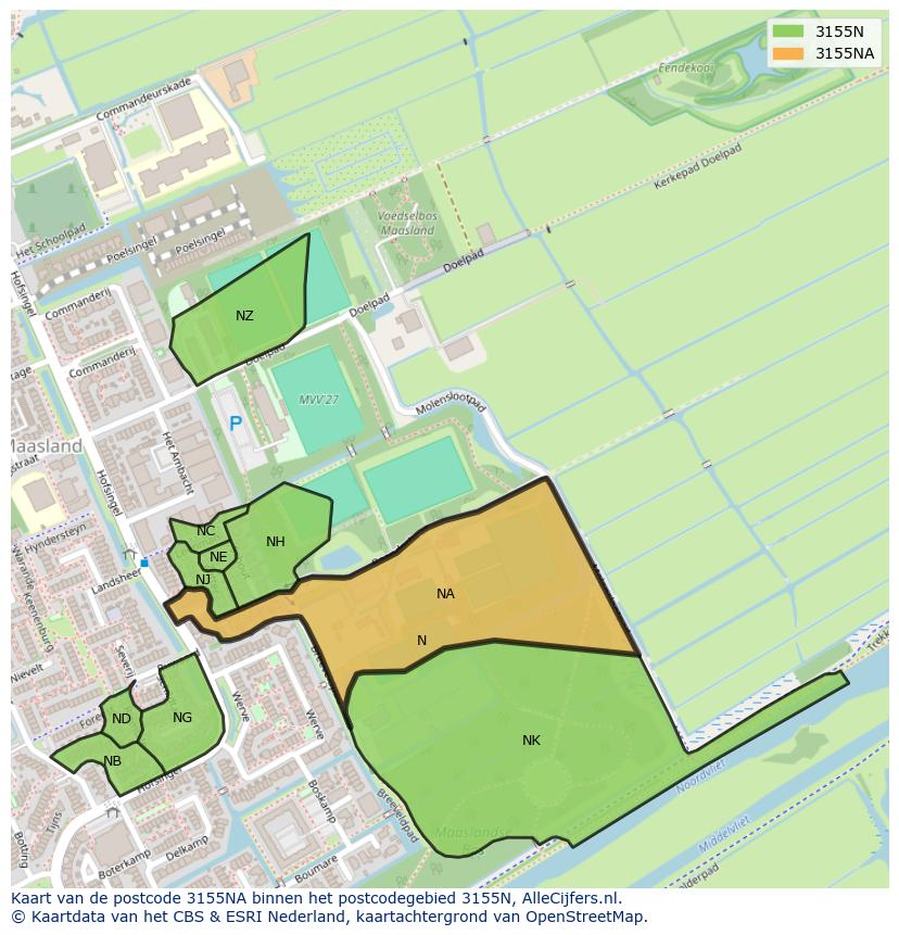 Afbeelding van het postcodegebied 3155 NA op de kaart.