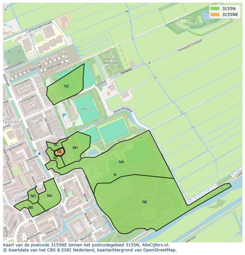 Afbeelding van het postcodegebied 3155 NE op de kaart.