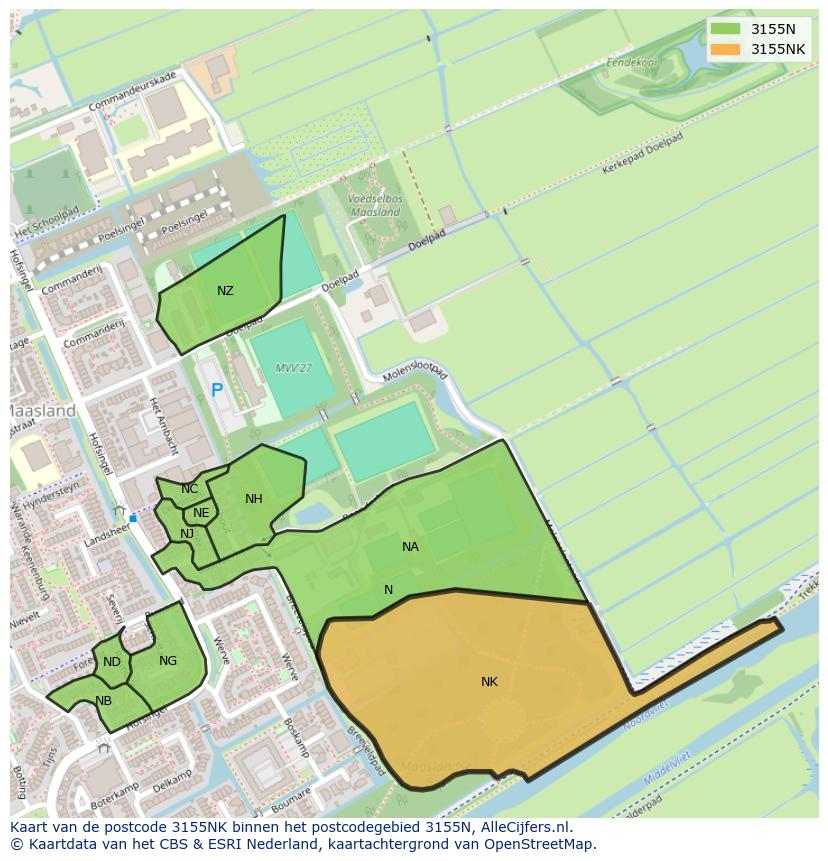 Afbeelding van het postcodegebied 3155 NK op de kaart.