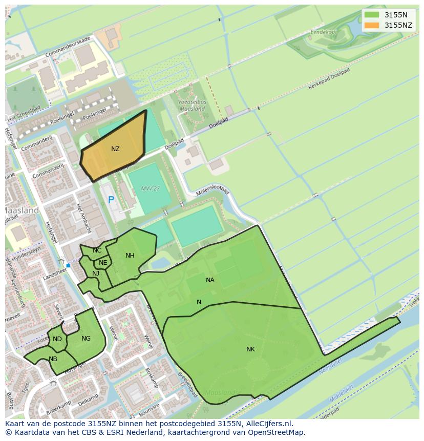 Afbeelding van het postcodegebied 3155 NZ op de kaart.