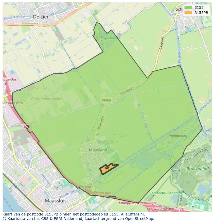 Afbeelding van het postcodegebied 3155 PB op de kaart.