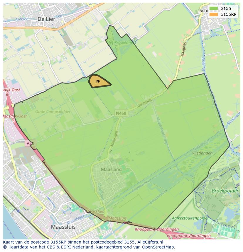 Afbeelding van het postcodegebied 3155 RP op de kaart.