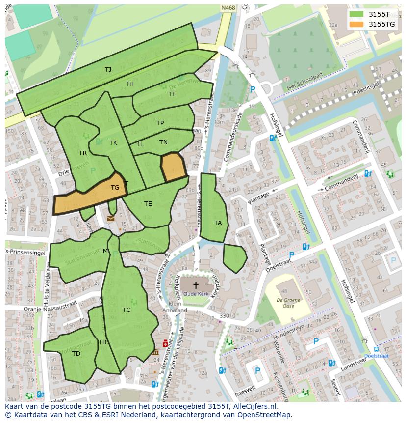 Afbeelding van het postcodegebied 3155 TG op de kaart.