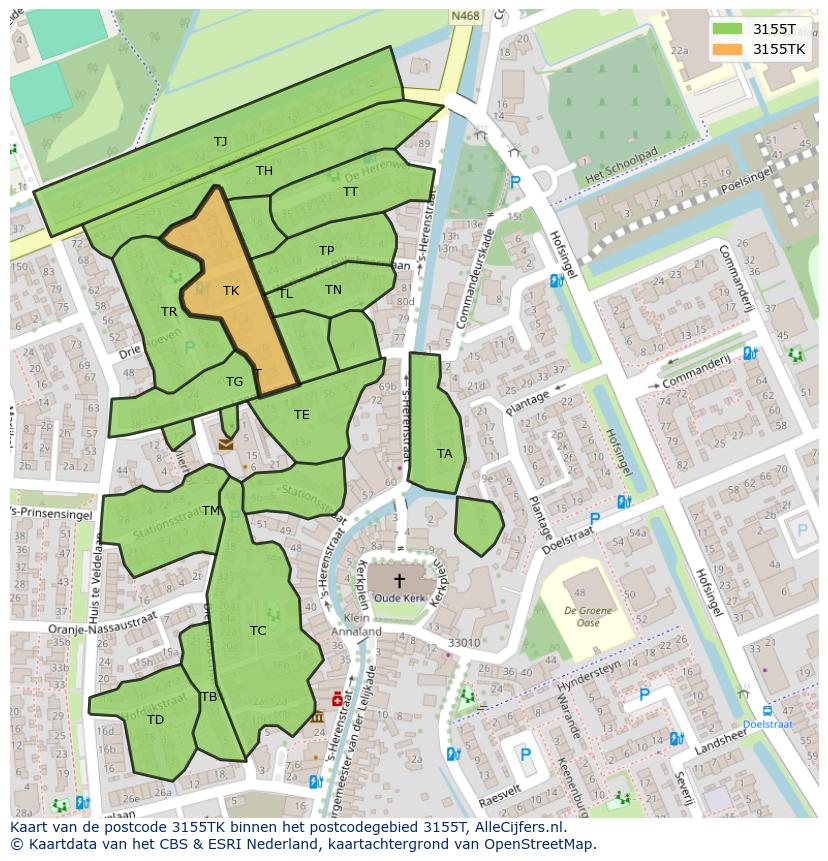 Afbeelding van het postcodegebied 3155 TK op de kaart.