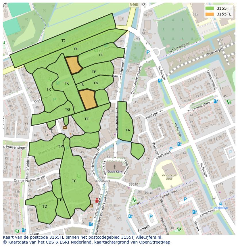 Afbeelding van het postcodegebied 3155 TL op de kaart.
