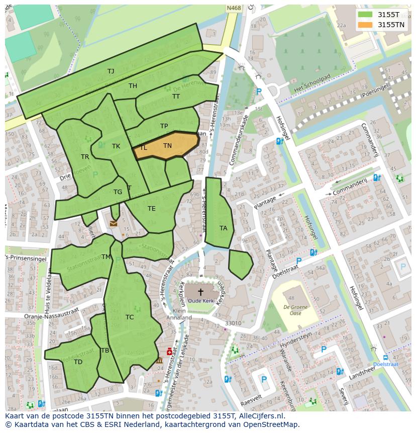 Afbeelding van het postcodegebied 3155 TN op de kaart.