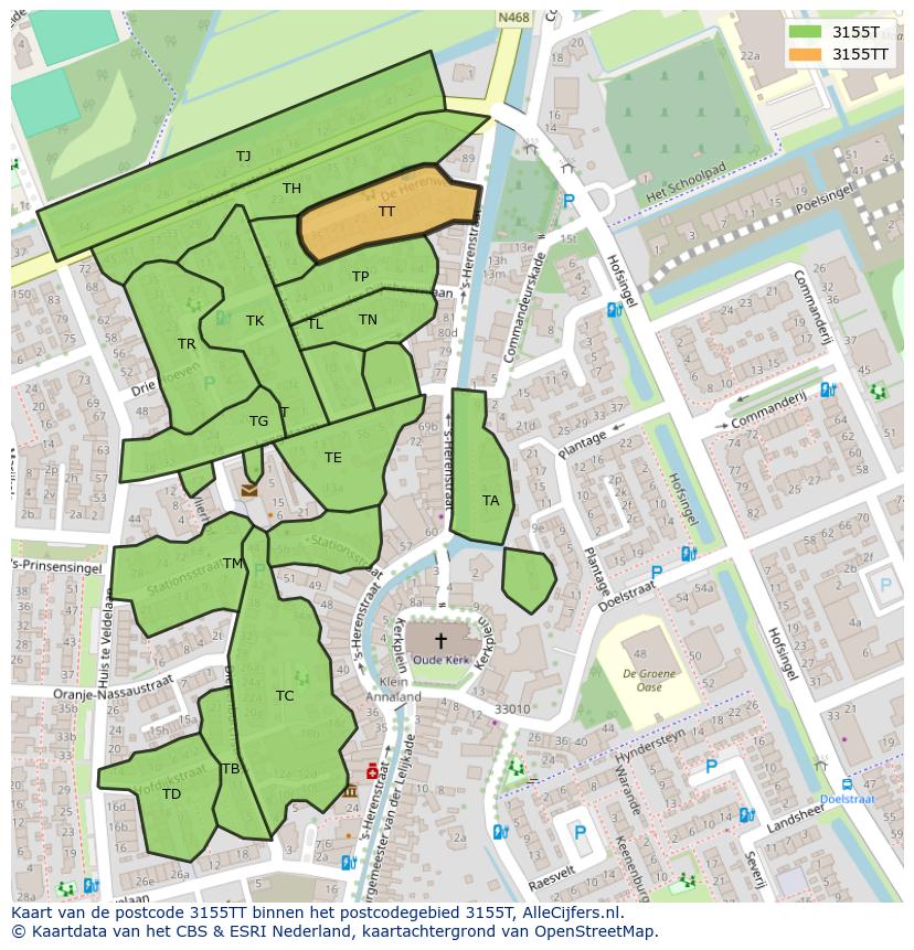 Afbeelding van het postcodegebied 3155 TT op de kaart.