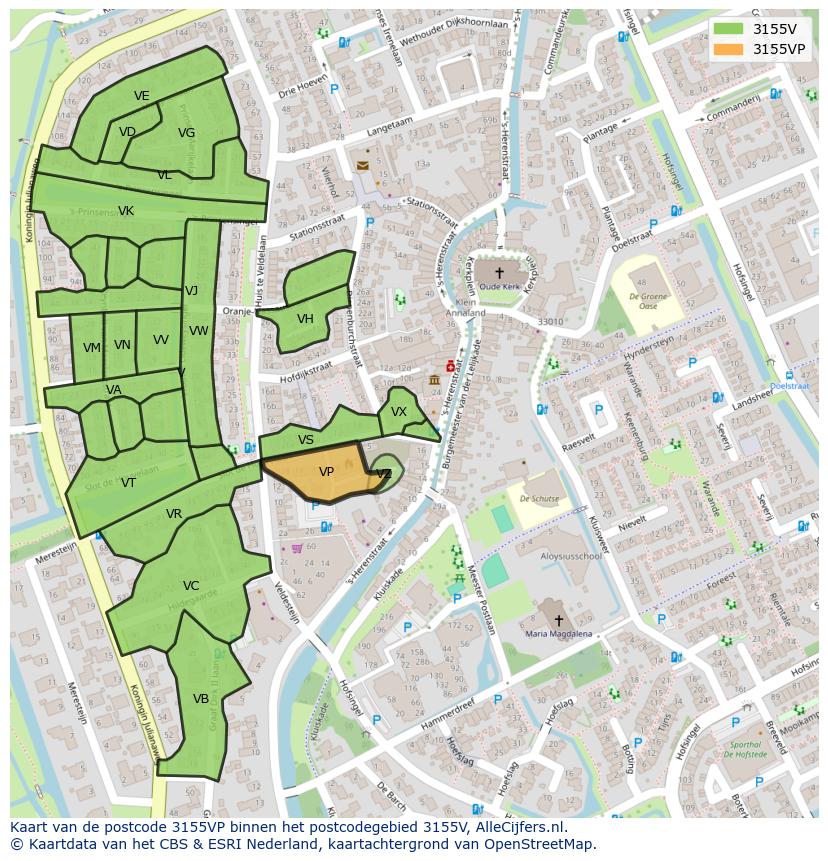 Afbeelding van het postcodegebied 3155 VP op de kaart.