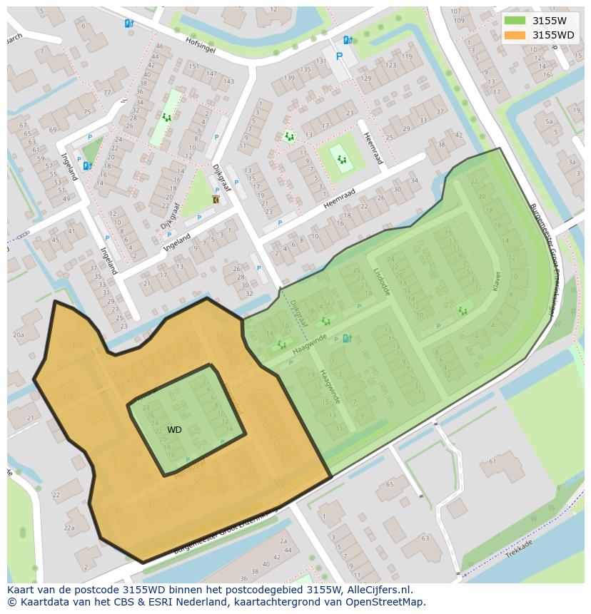 Afbeelding van het postcodegebied 3155 WD op de kaart.