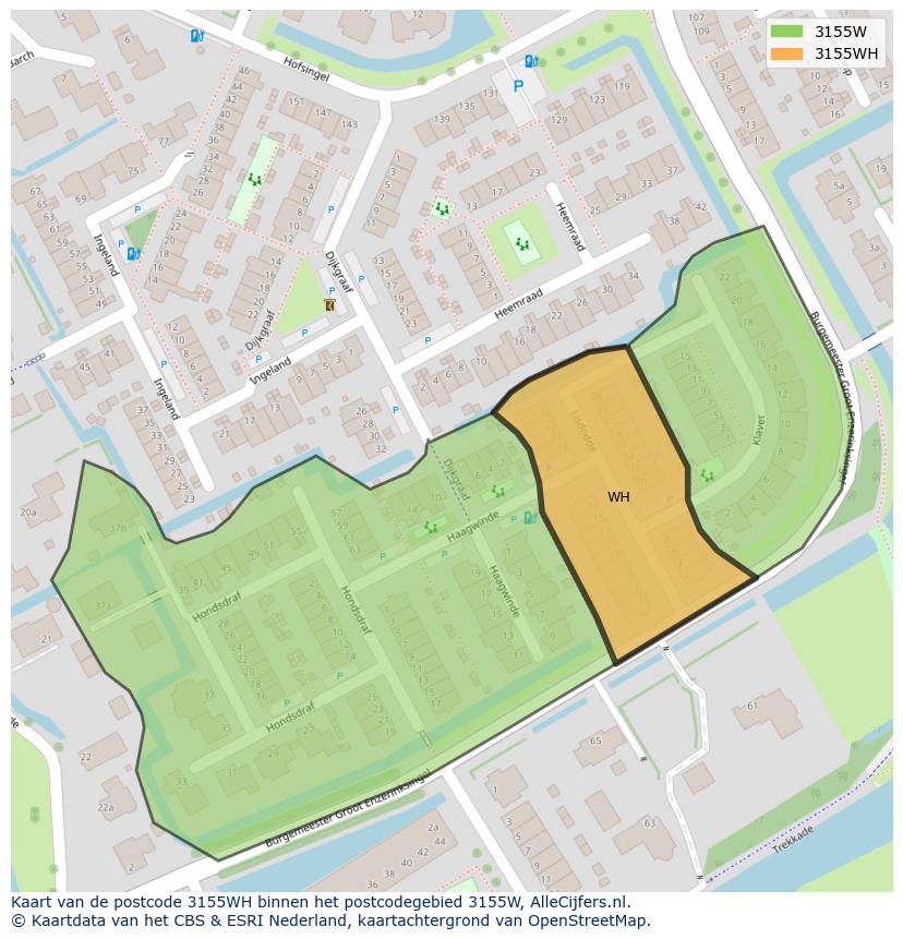 Afbeelding van het postcodegebied 3155 WH op de kaart.