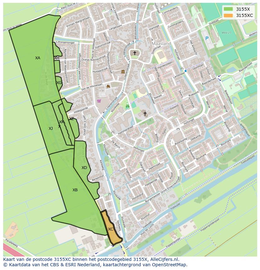 Afbeelding van het postcodegebied 3155 XC op de kaart.