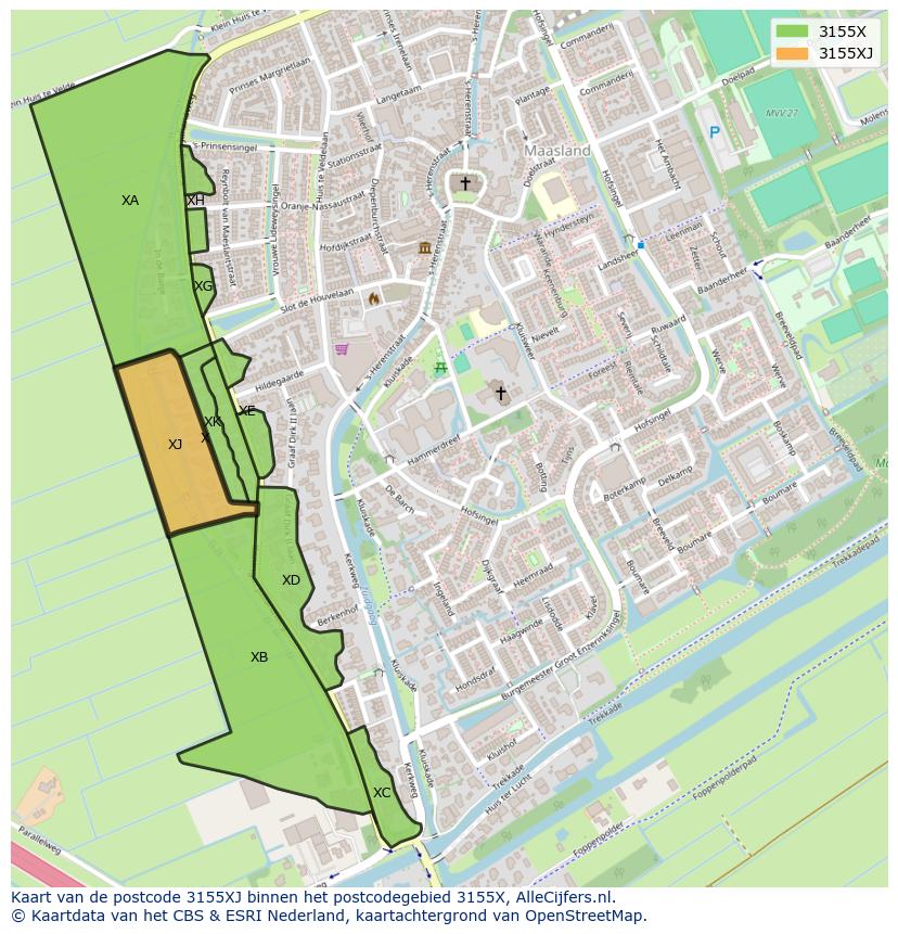Afbeelding van het postcodegebied 3155 XJ op de kaart.