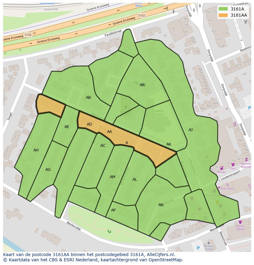 Afbeelding van het postcodegebied 3161 AA op de kaart.