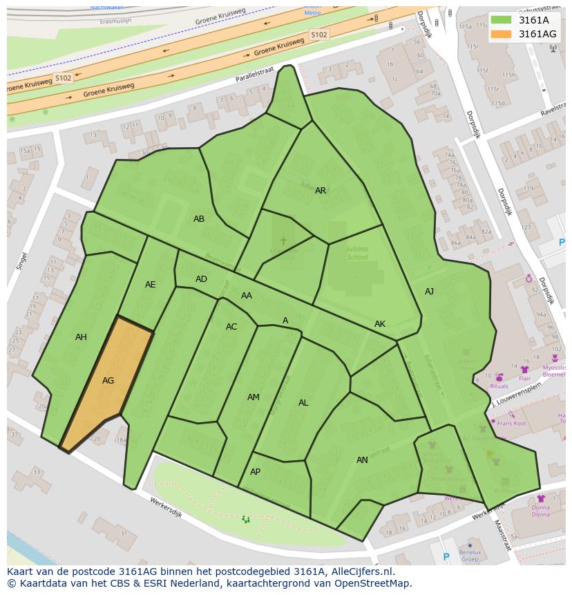 Afbeelding van het postcodegebied 3161 AG op de kaart.