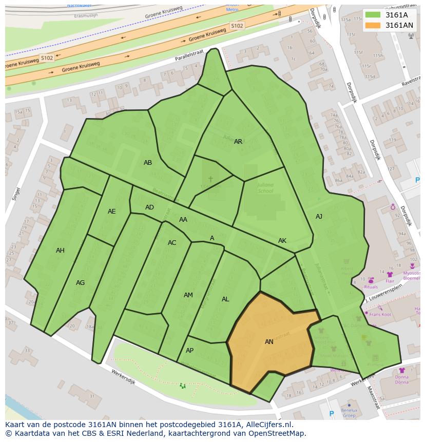Afbeelding van het postcodegebied 3161 AN op de kaart.