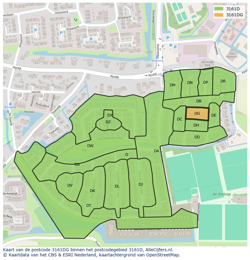 Afbeelding van het postcodegebied 3161 DG op de kaart.