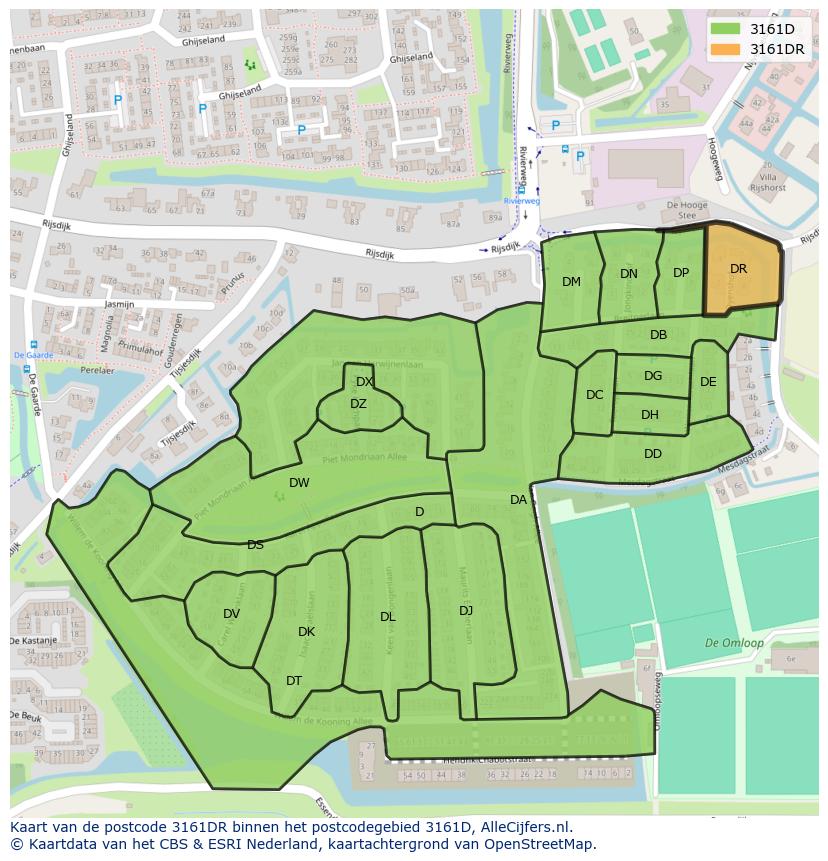 Afbeelding van het postcodegebied 3161 DR op de kaart.