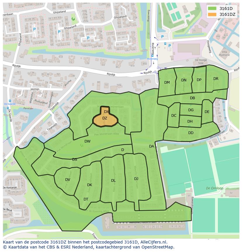Afbeelding van het postcodegebied 3161 DZ op de kaart.