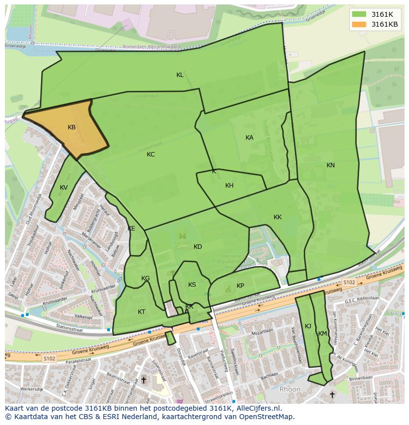 Afbeelding van het postcodegebied 3161 KB op de kaart.