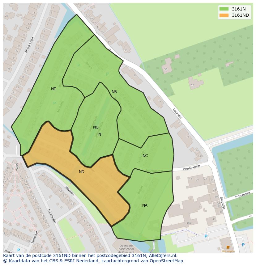 Afbeelding van het postcodegebied 3161 ND op de kaart.
