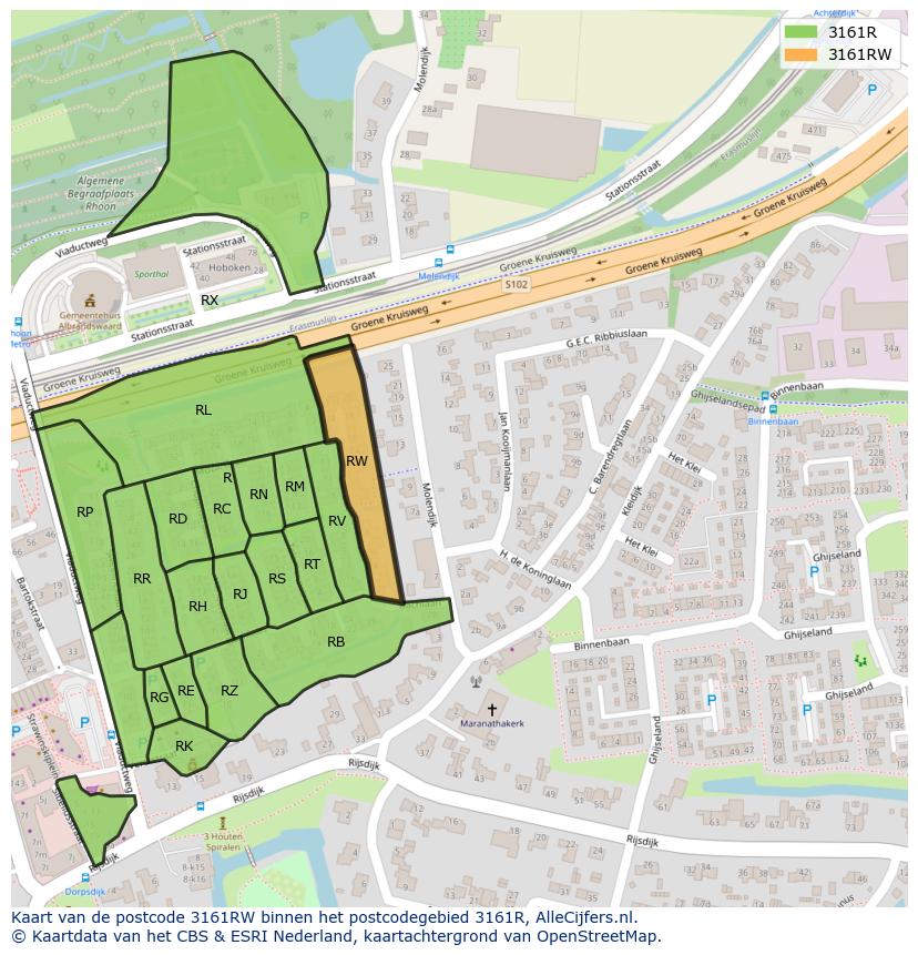 Afbeelding van het postcodegebied 3161 RW op de kaart.