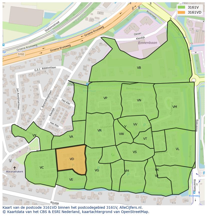Afbeelding van het postcodegebied 3161 VD op de kaart.