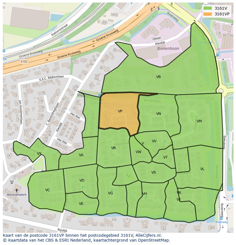 Afbeelding van het postcodegebied 3161 VP op de kaart.