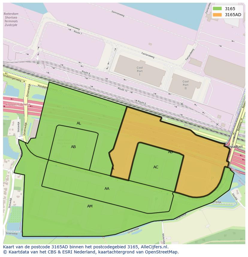 Afbeelding van het postcodegebied 3165 AD op de kaart.