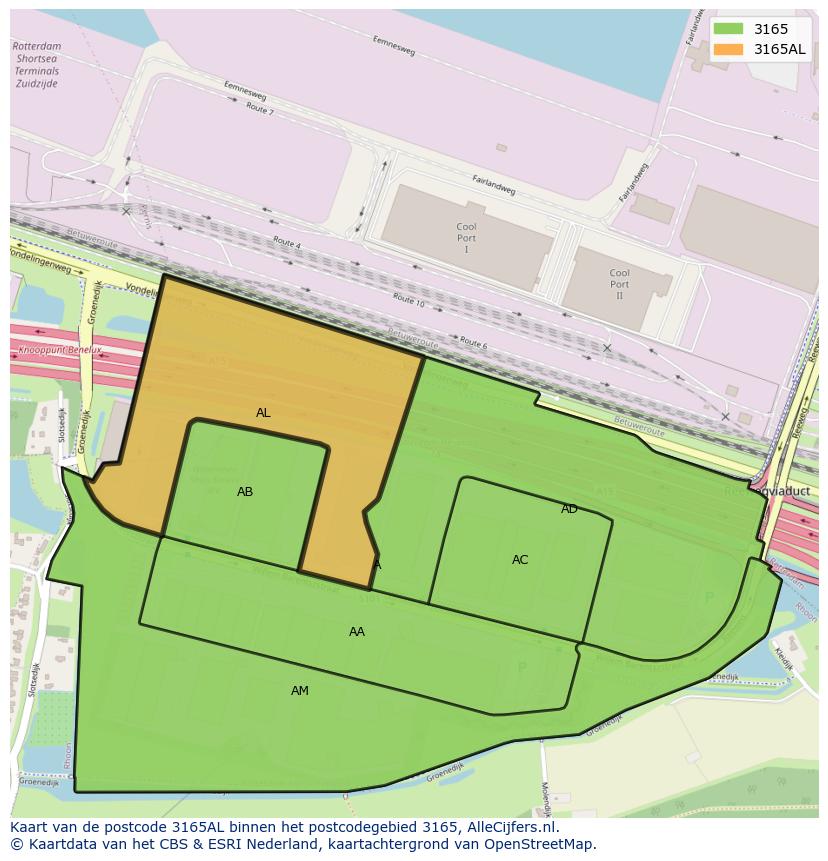 Afbeelding van het postcodegebied 3165 AL op de kaart.