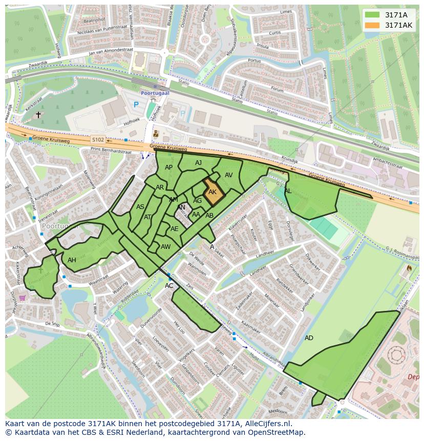 Afbeelding van het postcodegebied 3171 AK op de kaart.