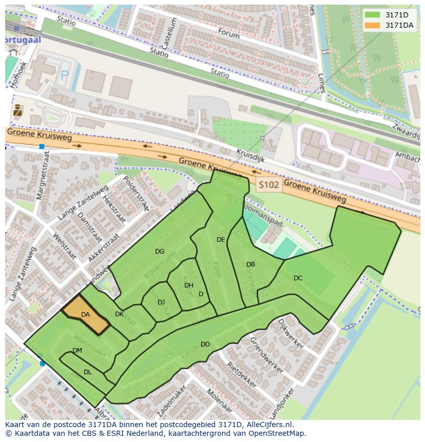 Afbeelding van het postcodegebied 3171 DA op de kaart.
