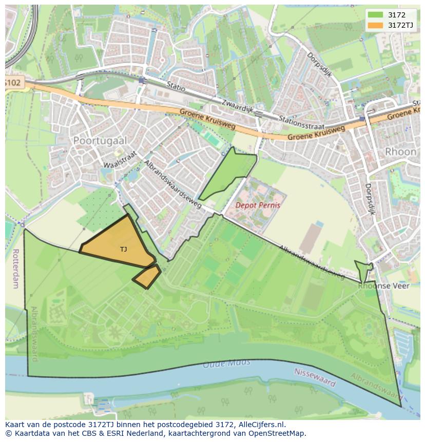 Afbeelding van het postcodegebied 3172 TJ op de kaart.