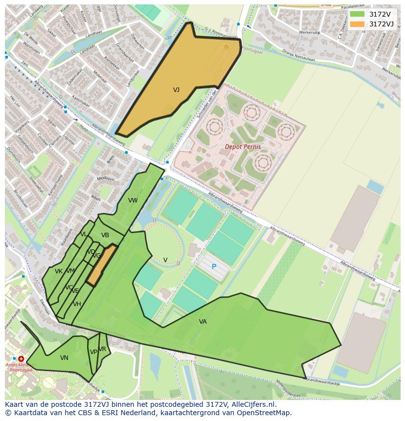 Afbeelding van het postcodegebied 3172 VJ op de kaart.