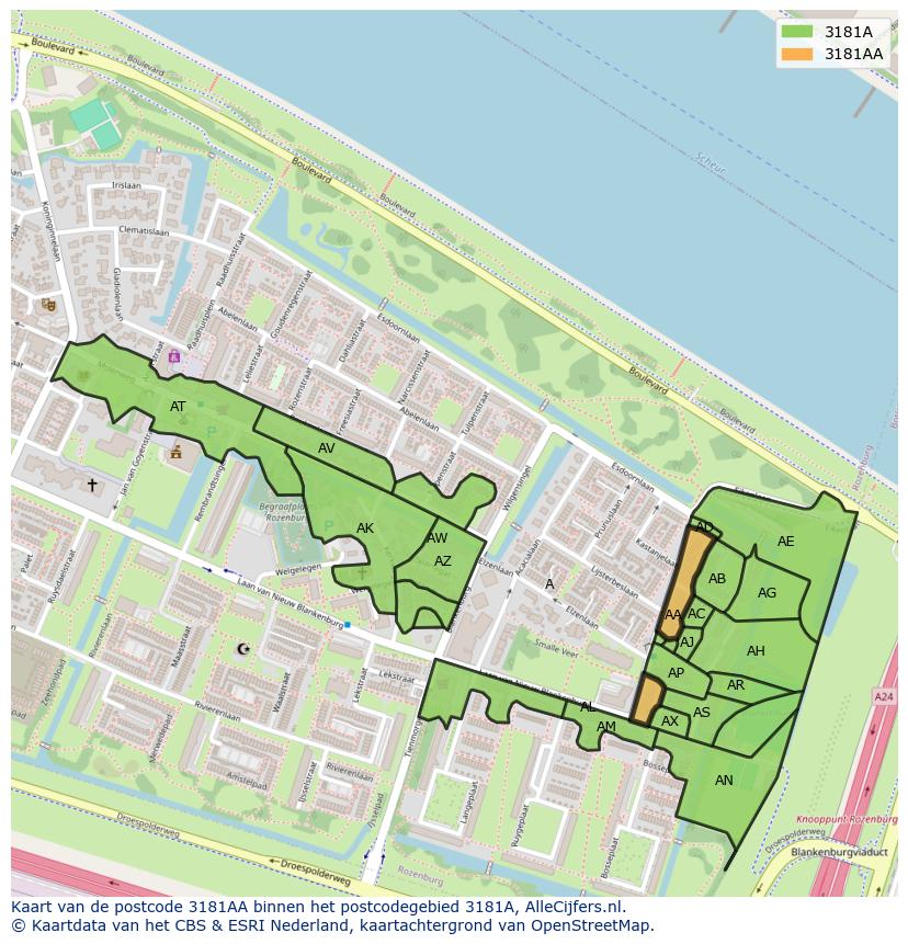 Afbeelding van het postcodegebied 3181 AA op de kaart.