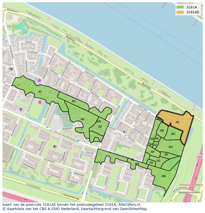 Afbeelding van het postcodegebied 3181 AE op de kaart.
