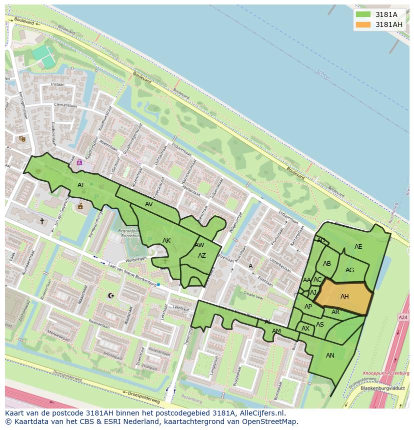 Afbeelding van het postcodegebied 3181 AH op de kaart.
