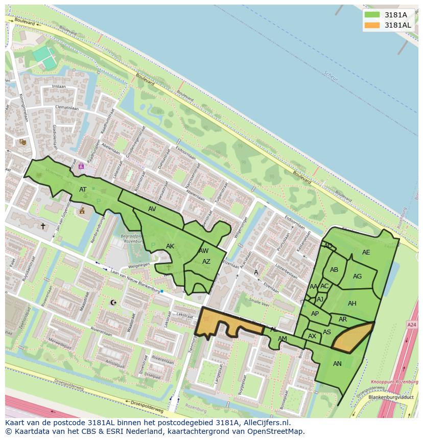 Afbeelding van het postcodegebied 3181 AL op de kaart.