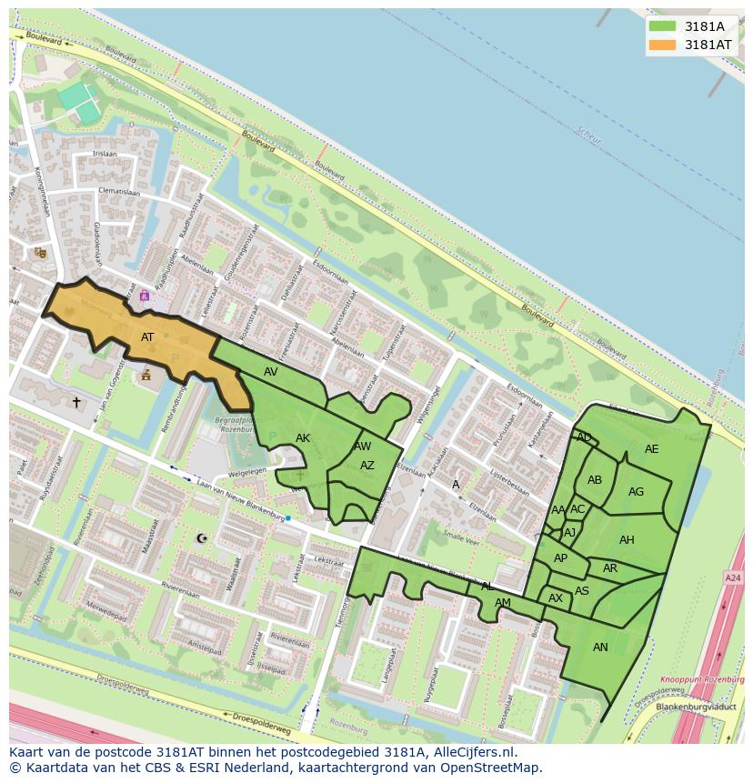 Afbeelding van het postcodegebied 3181 AT op de kaart.