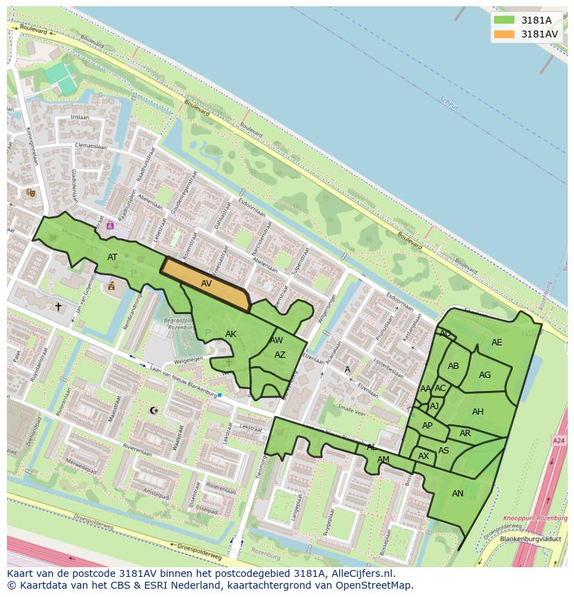 Afbeelding van het postcodegebied 3181 AV op de kaart.