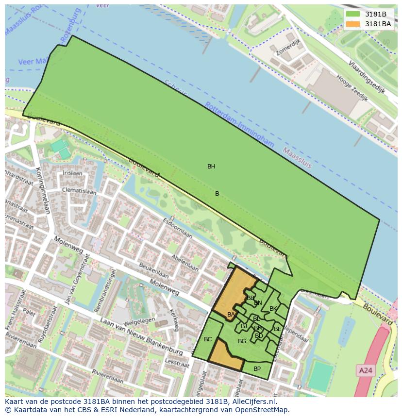 Afbeelding van het postcodegebied 3181 BA op de kaart.