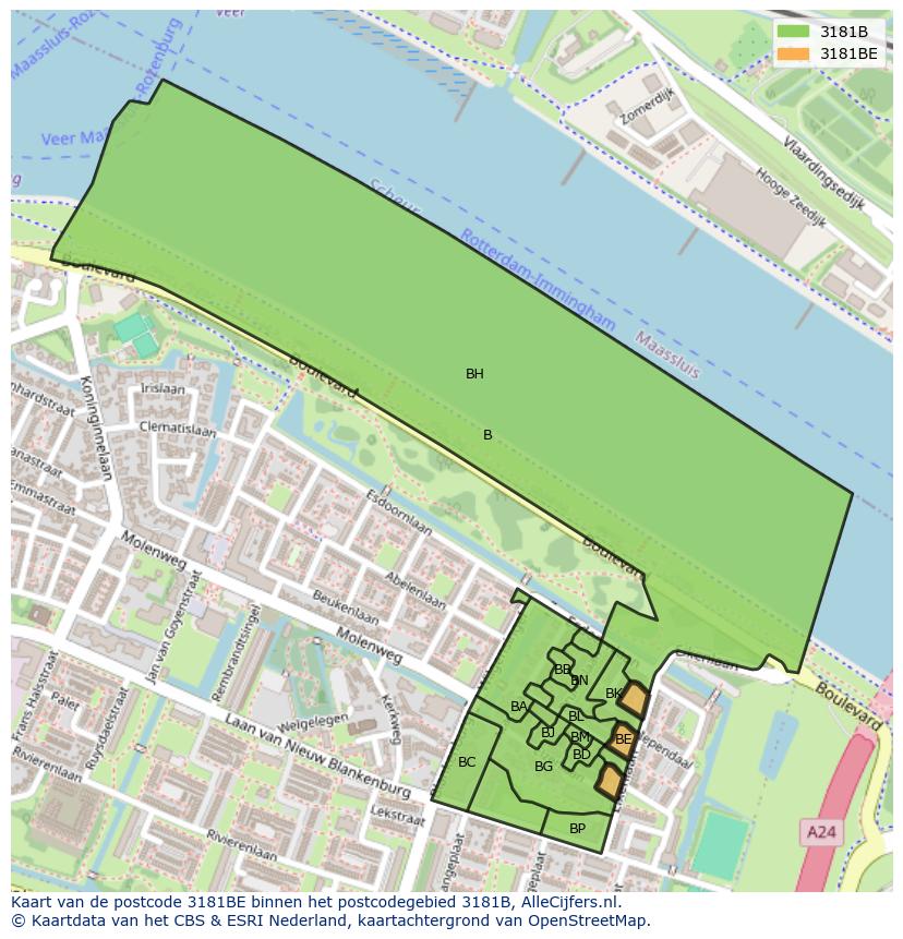 Afbeelding van het postcodegebied 3181 BE op de kaart.