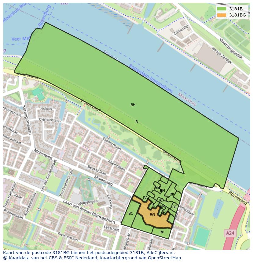 Afbeelding van het postcodegebied 3181 BG op de kaart.