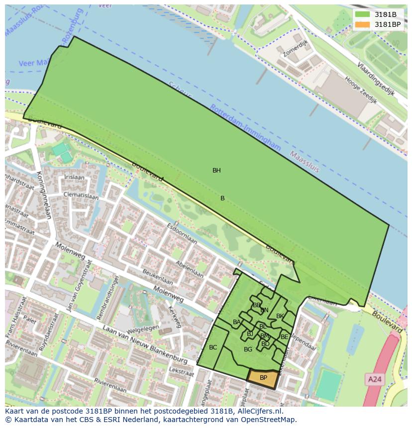 Afbeelding van het postcodegebied 3181 BP op de kaart.