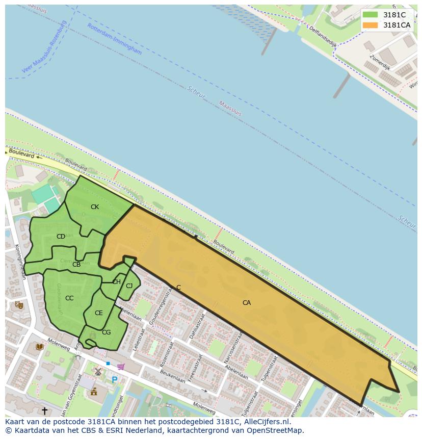 Afbeelding van het postcodegebied 3181 CA op de kaart.