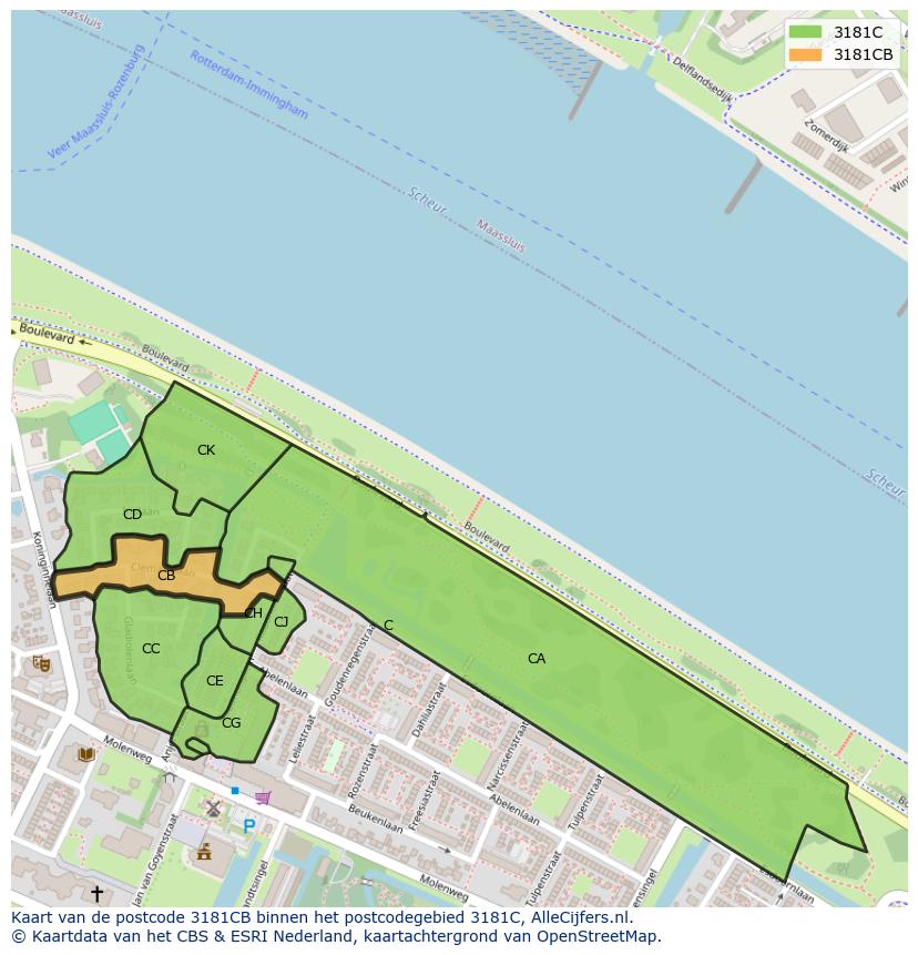 Afbeelding van het postcodegebied 3181 CB op de kaart.