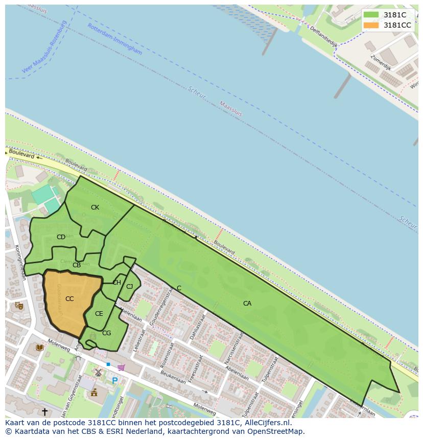 Afbeelding van het postcodegebied 3181 CC op de kaart.