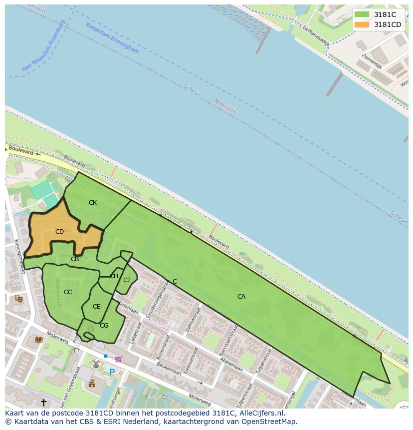 Afbeelding van het postcodegebied 3181 CD op de kaart.