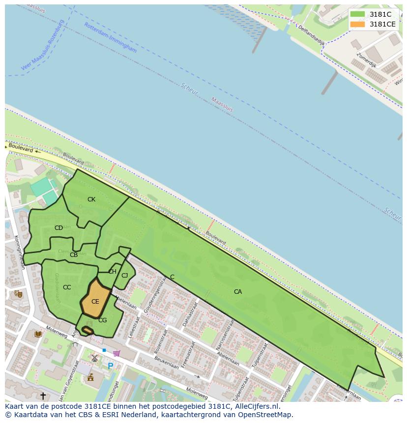 Afbeelding van het postcodegebied 3181 CE op de kaart.